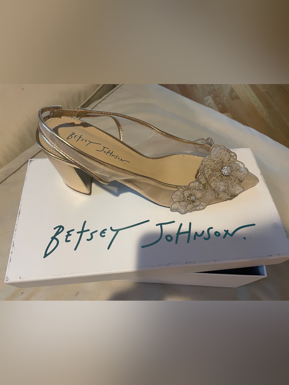 Betsey Johnson Gold Mesh Slingback Heels with Floral Appliqués